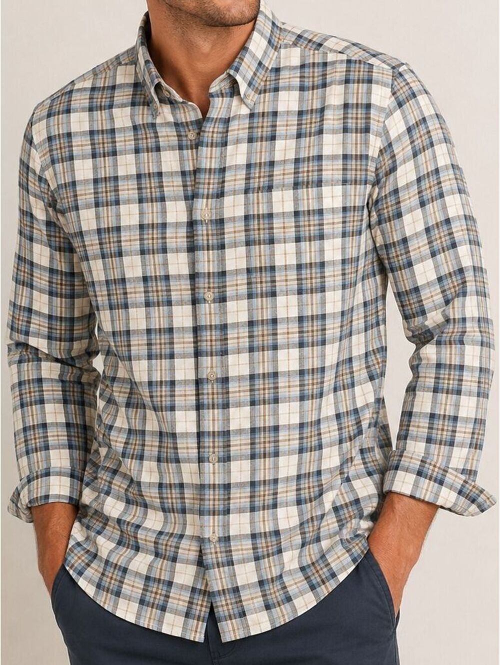 Emidio Tucci Sport Men's Plaid Long Sleeve Button Up Shirt Blue Brown Cotton